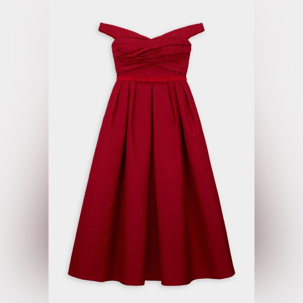 Self Portrait Red Textured Off the Shoulder Midi Dress Festive